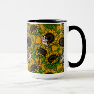 Solblommor och guldfinkar på orangen mugg