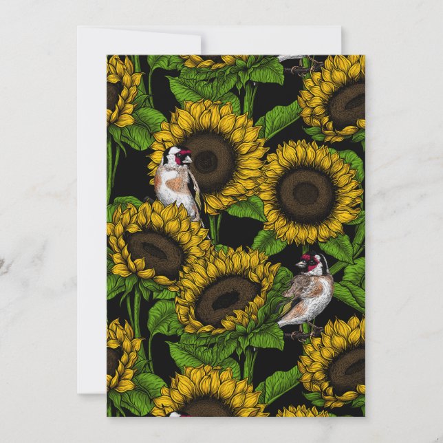 Solblommor och guldfinkar på svart (Framsida)