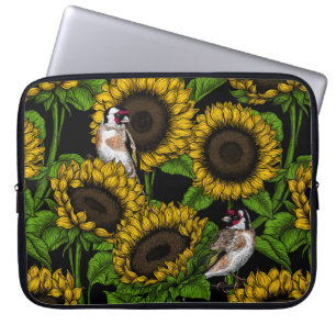Solblommor och guldfinkar på svart laptop fodral