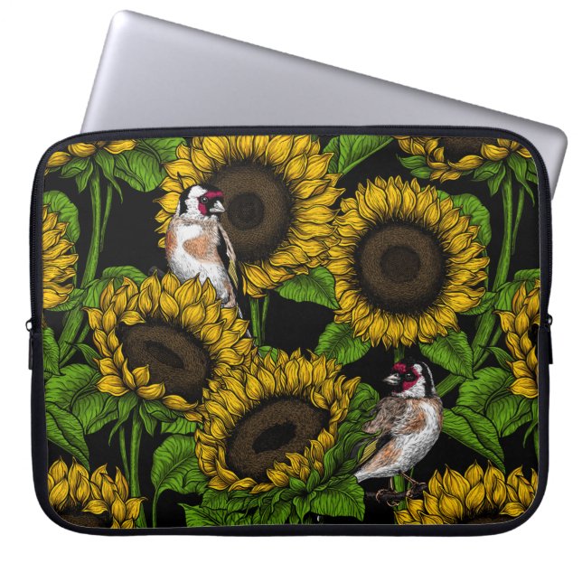 Solblommor och guldfinkar på svart laptop fodral (Framsidan)