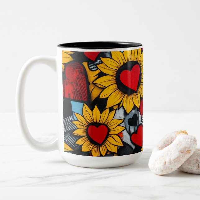 Solblommor och hjärta Två-Tonad mugg (Med munk)