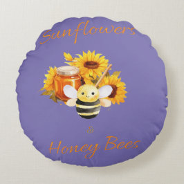 "Solblommor och honungsbin" Rund Kudde