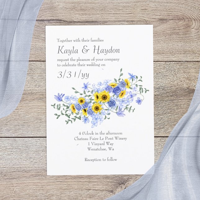 Solblommor och ljusblå Bukett med rosor Bröllop Inbjudningar (yellow sunflowers and dusty blue roses wedding invitations, sunflower bouquet)