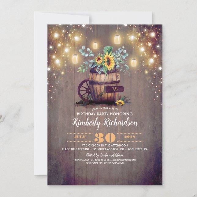 Solblommor och Mason Burk Ljus Rustic Birthday Inbjudningar (Framsida)