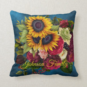 Solblommor och ro elegant-familjen namn marblått kudde