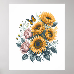 Solblommor och Ro Watercolor Bouquet Painting Poster