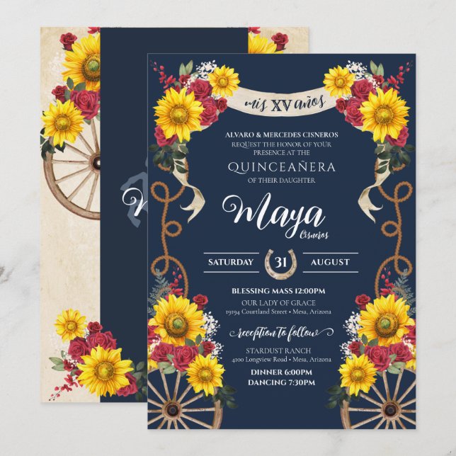 Solblommor och Röd ros Rustic Charra Quinceanera Inbjudningar (Fram/baksida)