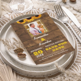 Solblommor och Rustic Wood Bröllop spara datum Meddelande Vykort
