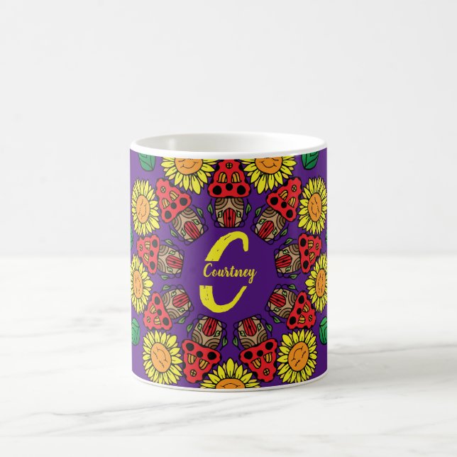 Solblommor och svampar Personlig Mandala Lila Kaffemugg (Center)