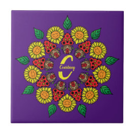 Solblommor och svampar Personlig Mandala Lila Kakelplatta