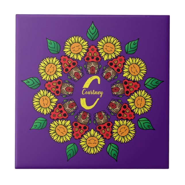 Solblommor och svampar Personlig Mandala Lila Kakelplatta (Framsidan)