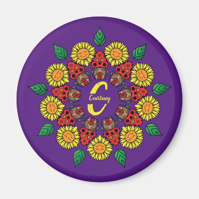Solblommor och svampar Personlig Mandala Lila Magnet (Framsidan)