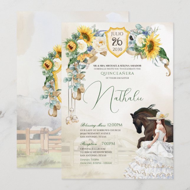 Solblommor och Vit ros Rustic Charro Quinceanera Inbjudningar (Fram/baksida)