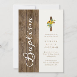 Solblommor över Rustic Wood Elegant Script Baptism Inbjudningar