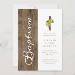 Solblommor över Rustic Wood White Baptism Inbjudningar