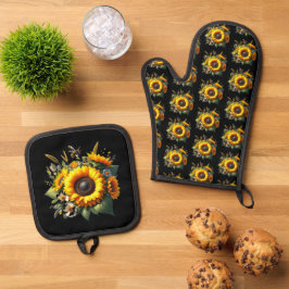 Solblommor på Black Oven Mitt och Pot Holders