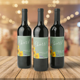 Solblommor på Grönt Bröllop Vin Vinflaska Etikett