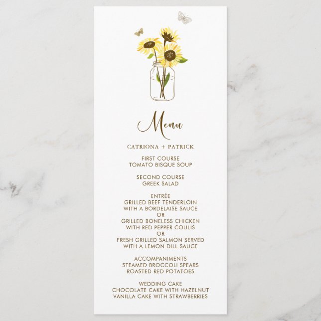 Solblommor på Mason Burk Blommigt Menu Card Meny (Framsida)