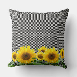 Solblommor på svarta och vita schack mönster kudde