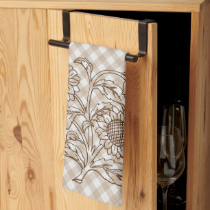 Solblommor på Tan Beige Brown Gingham Mönster Kökshandduk
