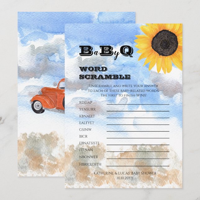 Solblommor | Pumpkins Baby Shower Ord Scramble Inbjudningar (Fram/baksida)