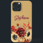 Solblommor Pumpkins Burgundy Fall Blommigt Namn<br><div class="desc">Apple iPhone 13 Pro Max fodral med en rustik blommigt av solblommor och pumpor av gult tillsammans med blommigt av  och bränd vattenfärg av orange. Personlig med ditt namn i ett elegant-skriptteckensnitt.</div>