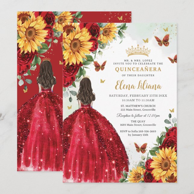 Solblommor Red Blommigt Dress Quinceañera Sweet 16 Inbjudningar (Fram/baksida)