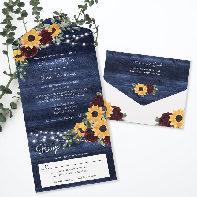 Solblommor Ro Rustic Navy Blue Wood Bröllop (Skapare uppladdad)