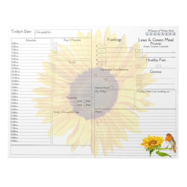 Solblommor Robin Daily Planner 5-1 Food Journal Anteckningsblock (Framsida)