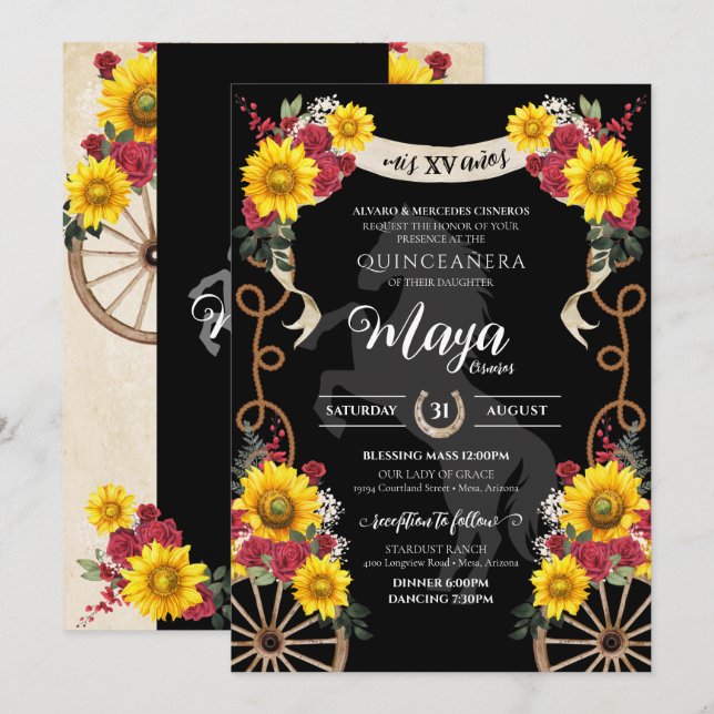 Solblommor Röd ros Black Charro Quinceanera Inbjudningar (Fram/baksida)