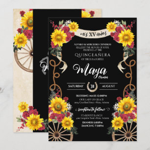 Solblommor Röd ros Black Charro Quinceanera Invi Inbjudningar