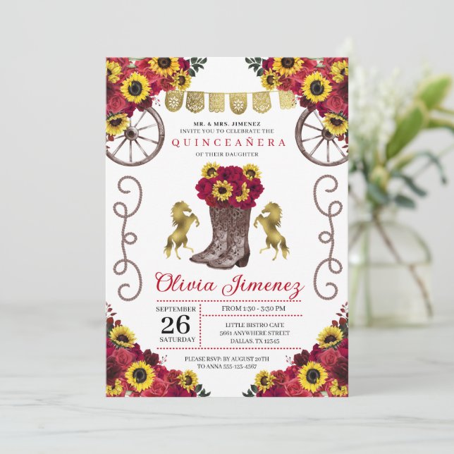 Solblommor Röd ros Cowgirl Boots Quinceanera Inbjudningar (Stående Fram)