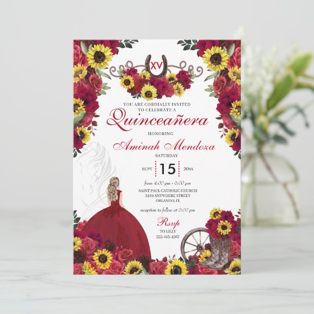 Solblommor Röd ros Cowgirl Western Quinceanera Inbjudningar (Stående Fram)