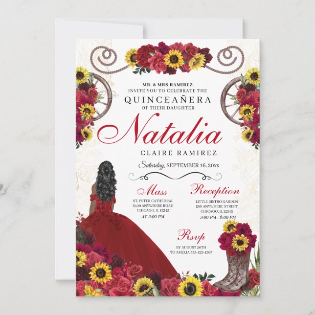 Solblommor Röd ros Cowgirl Western Quinceanera Inbjudningar (Framsida)