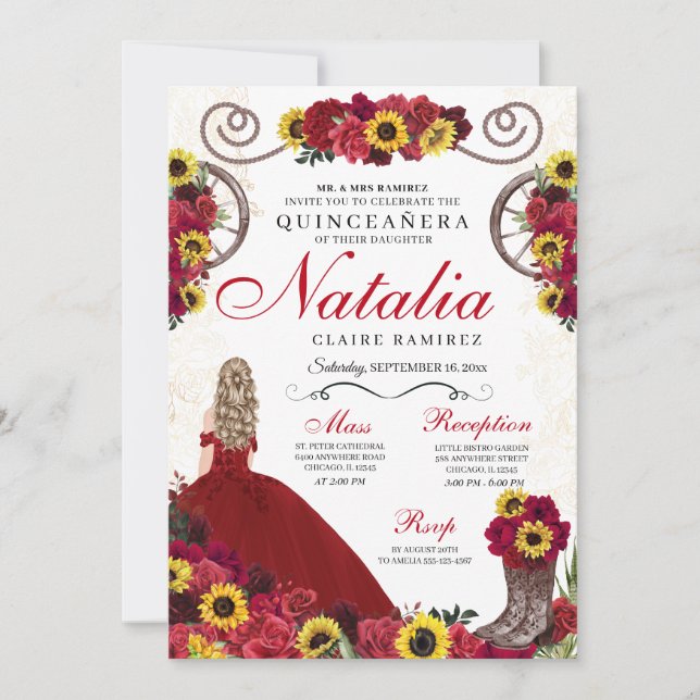 Solblommor Röd ros Cowgirl Western Quinceanera Inbjudningar (Framsida)