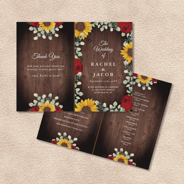 Solblommor Röd ros Rustic Foled Bröllopsprogram (Rustic Sunflowers Red Roses and Eucalyptus Greenery on Dark Wood Folded Wedding Program)