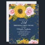 Solblommor Rosa ros Guld Glitter 21:a födelsedagen Inbjudningar<br><div class="desc">Elegant och snyggt gult solblommor och rosa ros med guld glitter och mousserande ljus på en marinblått 21-årsdag,  party picknick inbjudan till kvinnor. Anpassa det här kortet för alla åldrar eller tillfälle.</div>