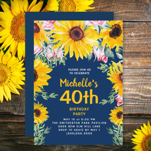 Solblommor, Rosa ros, marinblå 40:e födelsedagen Inbjudningar (Sunflowers and pink roses on navy blue 40th birthday party invitation)