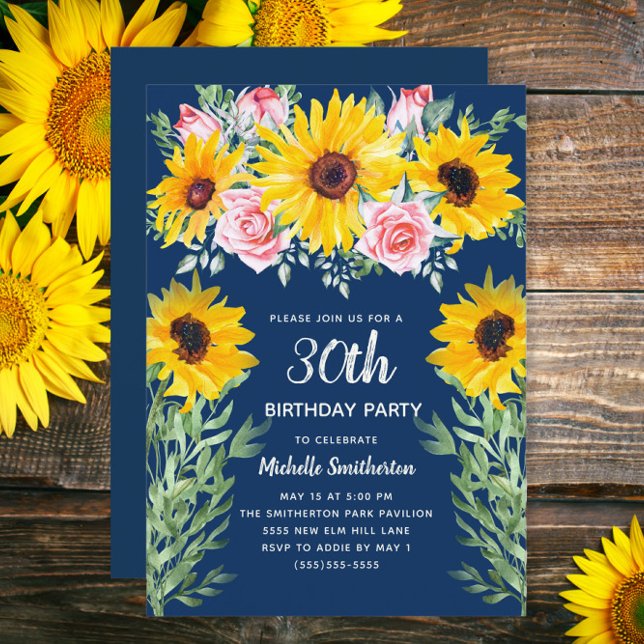 Solblommor Rosa ros Navy Blue 30års födelsedag Inbjudningar (Sunflowers and pink roses on navy blue 30th birthday invitation)