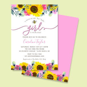 Solblommor Rosa ros Sweet Bee Baby Shower Inbjudningar