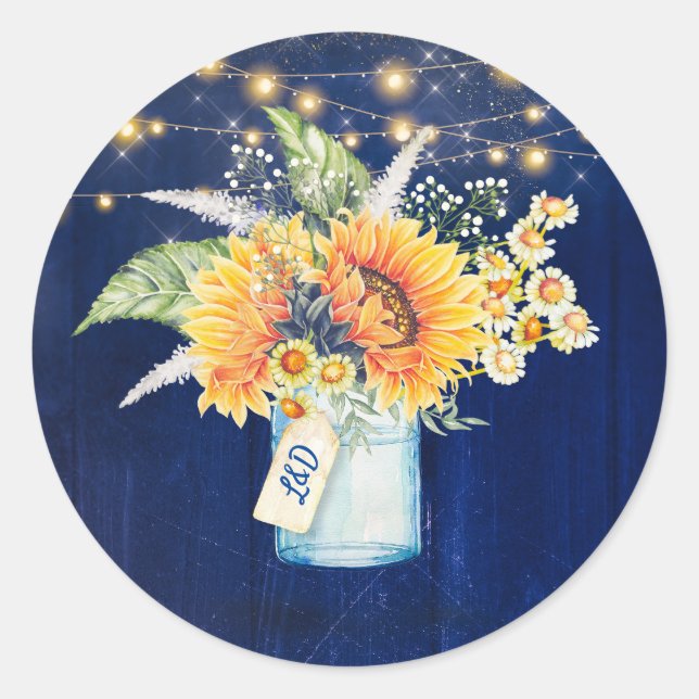 Solblommor Rustic Navy Blue Fall Wedding Mason Bur Runt Klistermärke (Framsida)