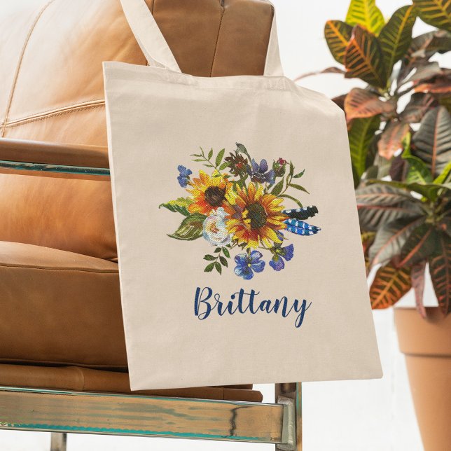 Solblommor Rustic Watercolor Bridesmaid Namn Tygkasse (Skapare uppladdad)