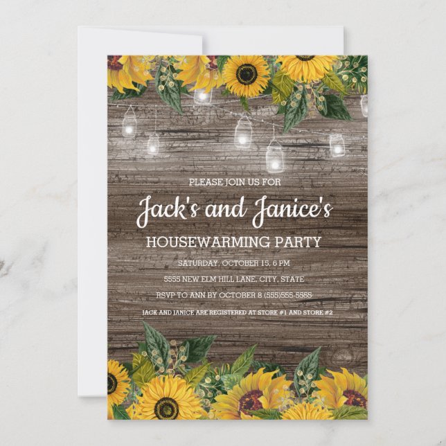 Solblommor Rustic Wood String Ljus Houseuppvärmnin Inbjudningar (Framsida)