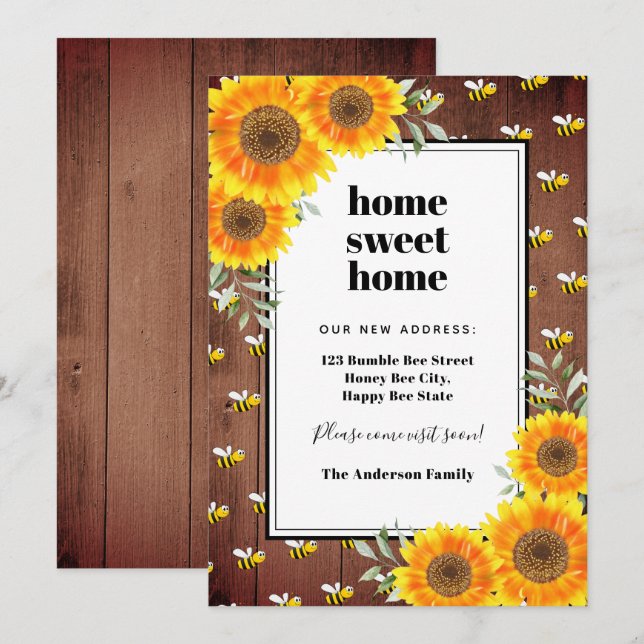 Solblommor, rustik humla, ny flytta i hemmet meddelande (Fram/baksida)
