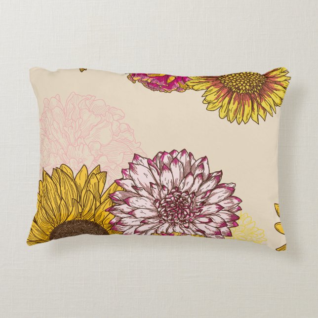 Solblommor, rysanthemum, nejlikor, Blommigt Prydnadskudde (Baksidan)