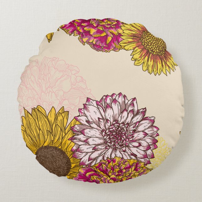 Solblommor, rysanthemum, nejlikor, Blommigt Rund Kudde (Framsidan)