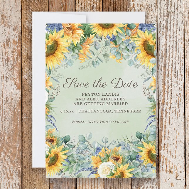 Solblommor Sage Grönt Eucalyptus Löv Bröllop Spara Datumet (Sunflower wedding Save the Date)