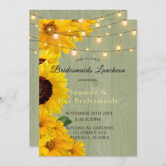 Solblommor Sage Wood Ljus Bridesmaids Luncheon Inbjudningar (Fram/baksida)
