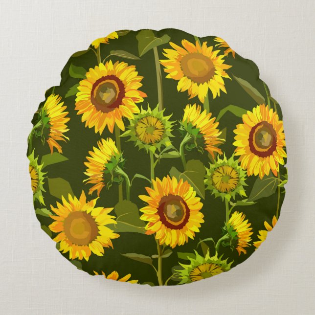 Solblommor Sömlös mönster Rund Kudde (Framsidan)