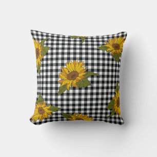 Solblommor, svartvit buffelkontroll, blommigt. kudde